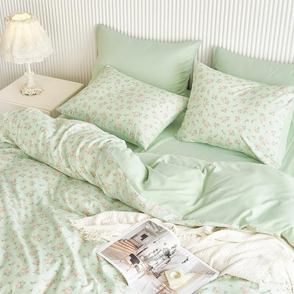 Wake In Cloud - Coquette Duvet Cover Set, Floral Cottagecore Flower Shabby Chic Cute Aesthetic, Soft Lightweight Bedding for Women Teen Girls, 3-Piece, Green Pink, Full Size