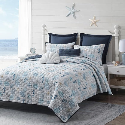Wonderful Cotton Coastal Quilt Set King Size, Shell Stitched Quilting Reversible Cotton Bedding Cover with 2 Shams, Nautical Beach Lightweight Bedspreads Coverlet Summer Bedding, 106"x94"