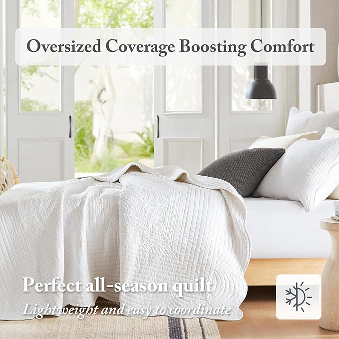 Madison Park King Quilt Set Damask Coverlet Set for King Size Bed, Cottage Oversized Quilt Set, Scallop Edge, All Season, Pre-washed Cotton-Filled King Size Quilt, Tuscany, King/Cal King White 3 Piece