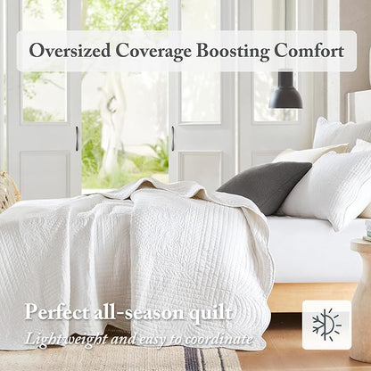 Madison Park King Quilt Set Damask Coverlet Set for King Size Bed, Cottage Oversized Quilt Set, Scallop Edge, All Season, Pre-washed Cotton-Filled King Size Quilt, Tuscany, King/Cal King White 3 Piece