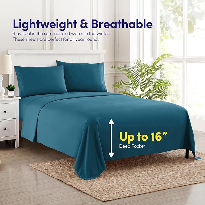 1500 Supreme Collection Twin Sheet Sets Teal - 3 Piece Bed Sheets and Pillowcase Set for Twin Mattress - Extra Soft, Elastic Corner Straps, Deep Pocket Sheets, Twin Teal