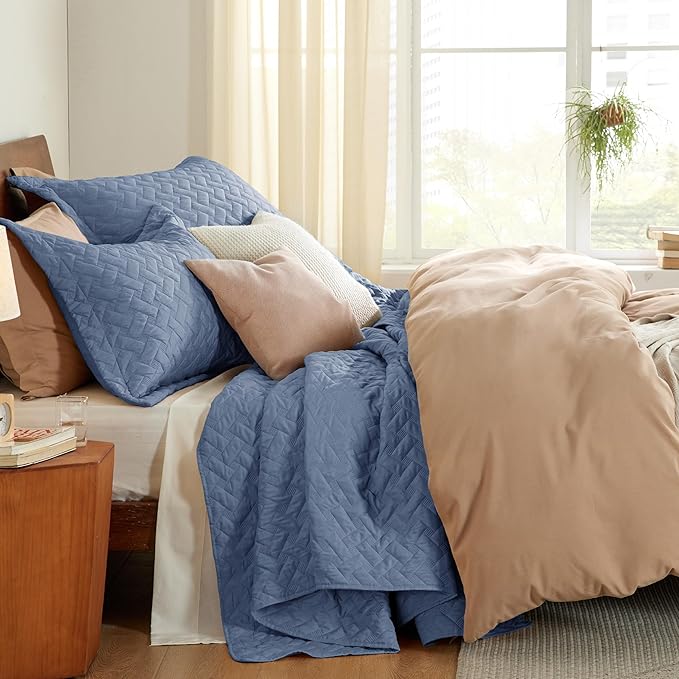 Bedsure Quilts King Size - Lightweight Bedspreads King Size with Basket Weave Pattern, Soft Quilt Bedding Set, Mineral Blue Comforter Set Coverlet for All Seasons with 2 Pillow Shams (106" x 96") | Skin-Friendly Soft, All-Season Comfort, Breathable, Li...
