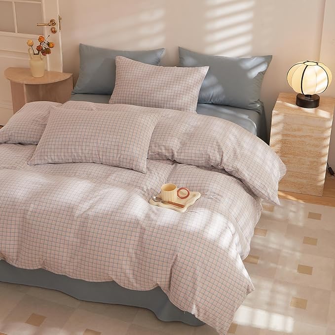 EAVD Pink Blue Grid Plaid Comforter Set Queen Soft Gingham Comforter Set 3 Pieces Modern Style Grid Checkered Pattern Bedding Set with 2 Pillowcases Reversible Gingham Bedding Set for All-Season