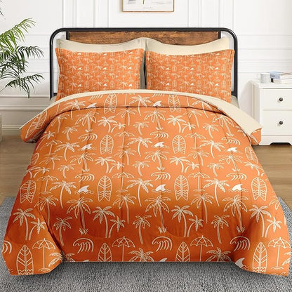 7 Pcs King Size Comforter Set with 2 Pillowcases & 2 Shams, Boho Palm Tree Beach Bedding for Kids and Adults, Summer Hawaiian Tropical Leaf Bed in a Bag with Flat Fitted Sheet