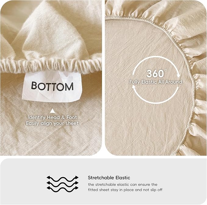 MooMee Fitted Bottom Sheet Only 100% Washed Cotton Linen Like Textured Breathable Durable Soft Comfy Deep Pocket Fits Mattress up to 17" (Almond Milk Grey, California King)