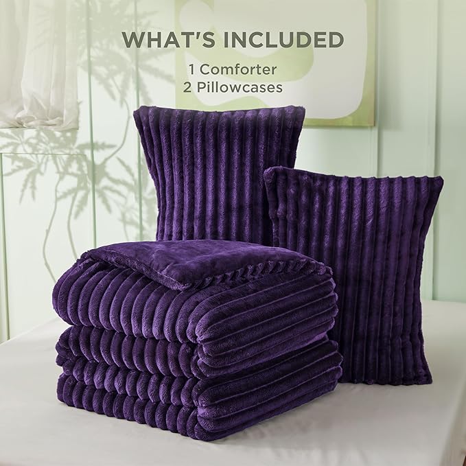Bedsure Full Size Comforter Sets - GentleSoft™ 3 Pieces Double-Side Fleece Fluffy Purple Comforter Set, Cozy Striped Room Decor Aesthetic, Luxury Full Size Bedding, 2 Pillowcases, 82x86 Inches