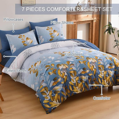 Anibedding Botanical Queen Comforter Set, 7 Piece Blue Gold Gradient Leaves Ultra Soft Microfiber Down Alternative Bedding Set with Sheets and Pillowcase for All Season