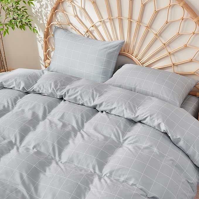 JELLYMONI 100% Natural Cotton 2pcs Plaid Duvet Cover Sets, Checkered Twin Comforter Cover, 1 Duvet Cover and 1 Pillow Case with Zipper Closure & Corner Ties, Light Grey