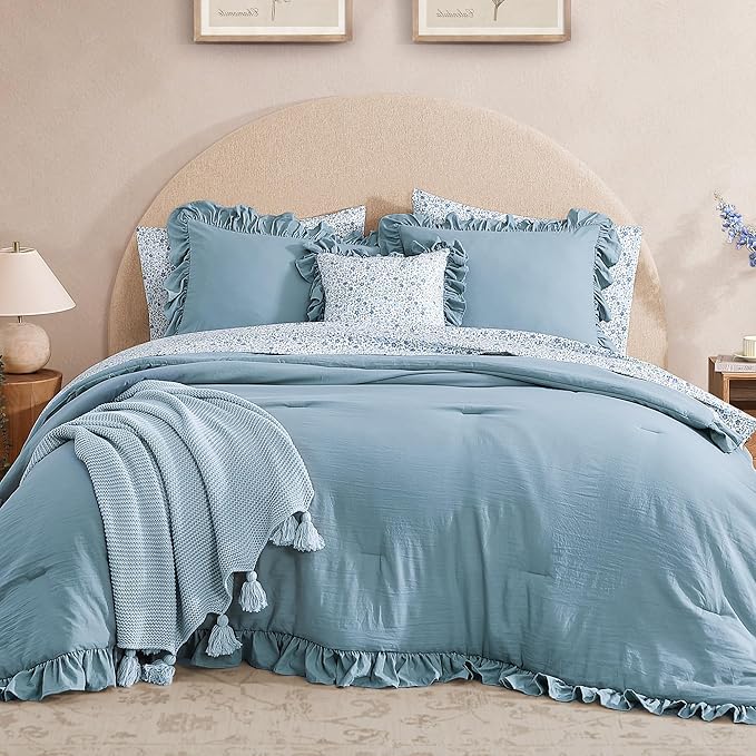 Twin XL Comforter Set - 5 Pieces Ruffle Blue Bedding Sets, Shabby Chic Farmhouse Bed in a Bag Twin XL with Ruffle Comforter, Floral Sheets, Pillowcases & Shams