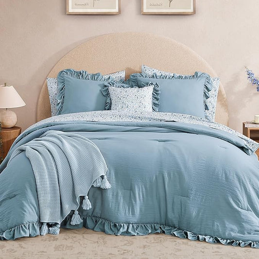 Twin XL Comforter Set - 5 Pieces Ruffle Blue Bedding Sets, Shabby Chic Farmhouse Bed in a Bag Twin XL with Ruffle Comforter, Floral Sheets, Pillowcases & Shams