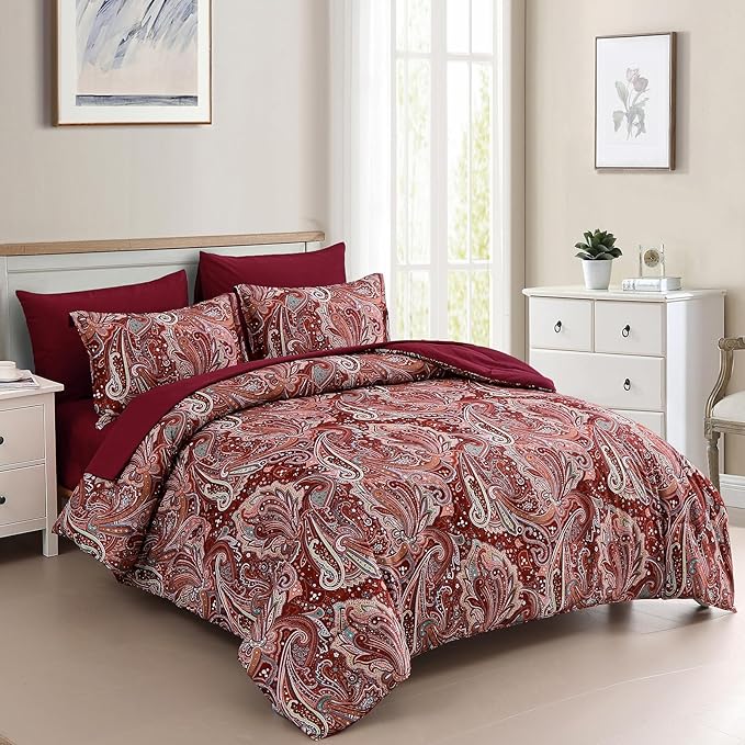 DJY Red Paisley Comforter Set California King Size, 7 Piece Bed in a Bag Boho Paisley Pattern Comforter Set, Soft Lightweight Microfiber Reversible Bedding Set for All Season (106''x96'')