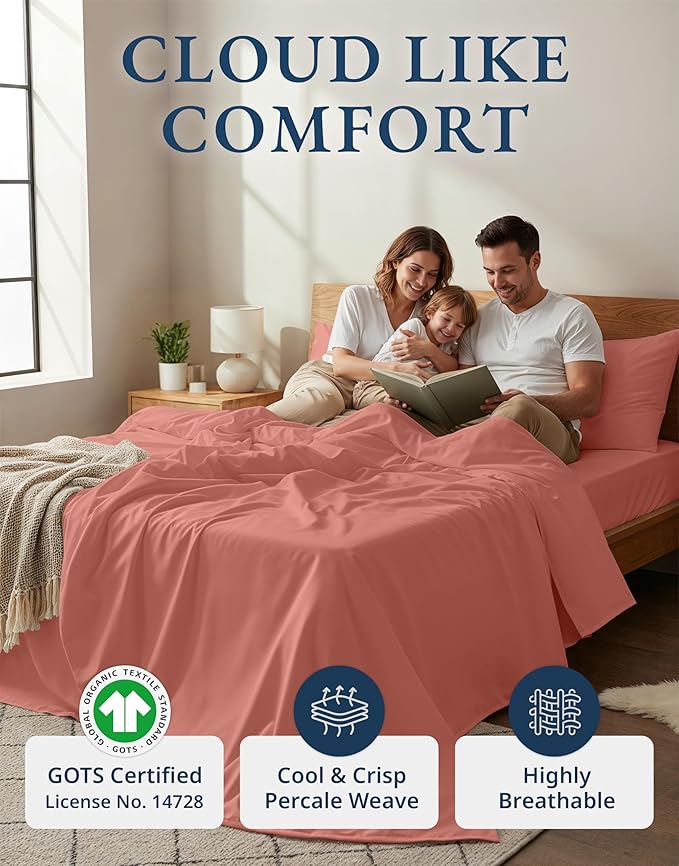 LANE LINEN 100% Organic Cotton California King Sheets Set, 4-Piece Pure Organic Cotton Long Staple Percale Weave Soft Best Bedding Sheets for Bed, Breathable, Fits Mattress Upto 15" Deep - Rose Dawn