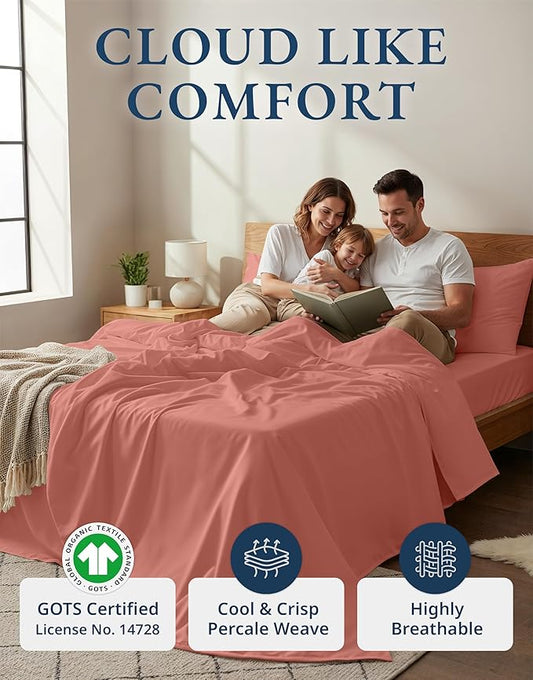 LANE LINEN 100% Organic Cotton Queen Sheets, Eco Friendly Mercerized Cotton Fully Elasticized Bedding Sheets & Pillowcase Set, Low Pill Fade Resistant Naturally Cooling Bedding Queen Size- Rose Dawn