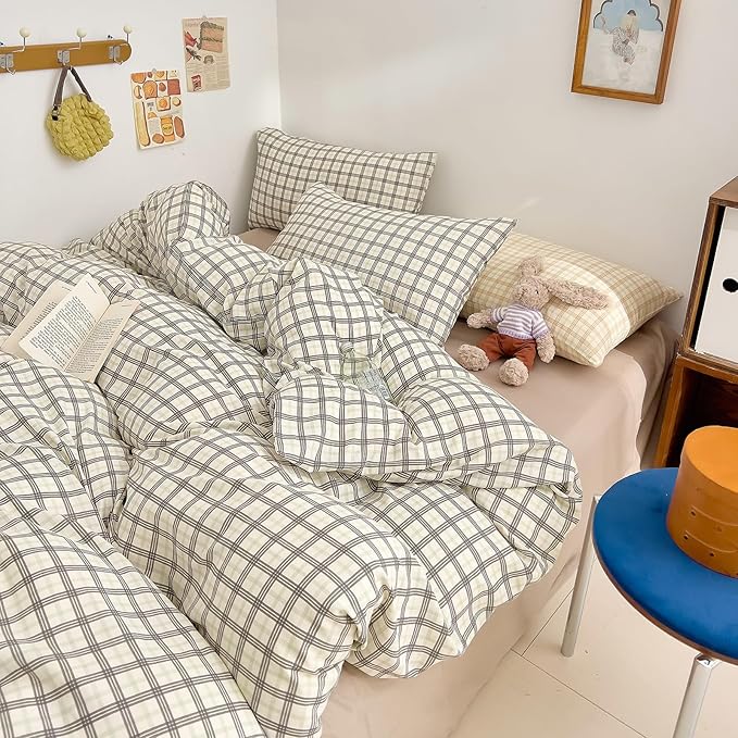 Vintage Grey Plaid Gingham Duvet Cover King 100% Cotton Muslin Duvet Cover Retro Grey Green Plaid Grid Checkered Comforter Cover with 2 Pillowcases Linen Like Gauze Breathable Gingham Bedding Set
