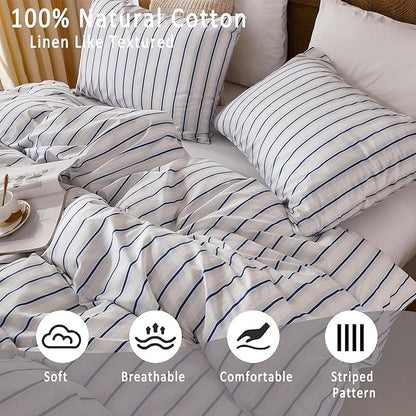 Merryword 100% Cotton Duvet Cover Set King Size, Blue and White Stripe Bedding Set, Soft Breathable Natural Cotton Duvet Cover with Pillowcases, Modern Coastal Style Bedding Set for All Seasons