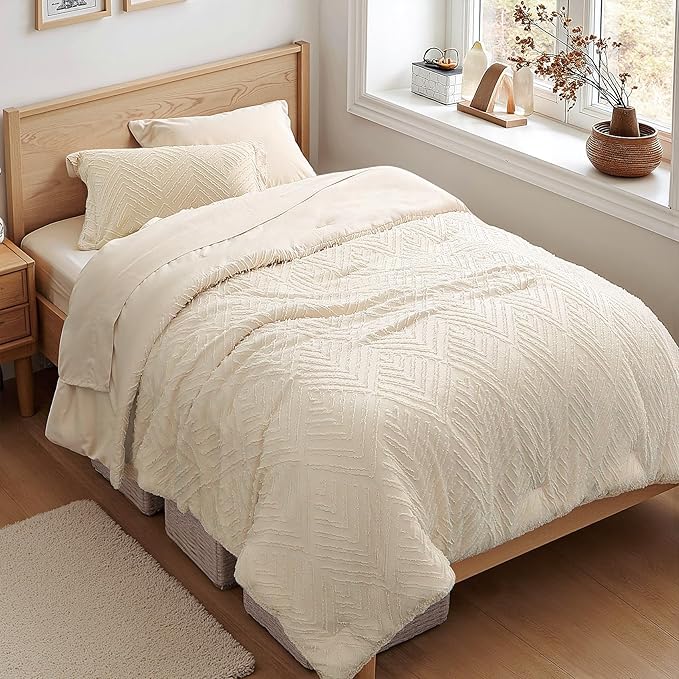 Zzlpp Twin Comforter Set 5 Pieces, Cream Tufted Bed in a Bag with Comforter and Pillowcase, All Season Boho Bedding Sets with 1 Comforter, 1 Pillow Sham, 1 Flat Sheet, 1 Fitted Sheet
