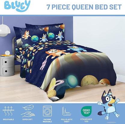 Jay Franco Kids Comforter Set Includes Sheets and Pillow Covers - Soft and Cozy Bed Set for Stylish Room Decor, Blue - Bluey & Bingo, 7 Piece Queen