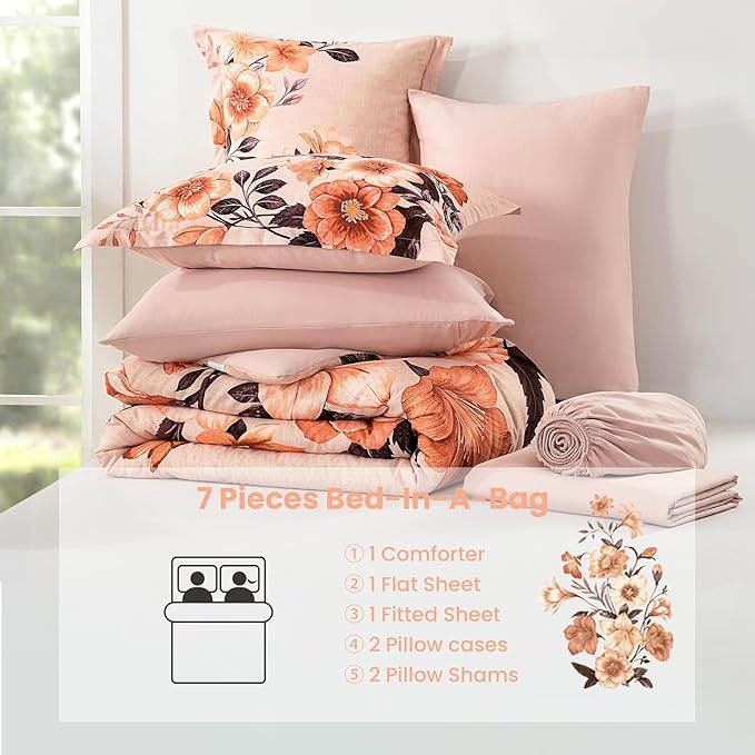 Floral Comforter Set Queen Size,7 Piece Orange Bed in a Bag, Elegant Flower Pattern Comforter Set with Sheet, Soft Microfiber Complete Bedding Sets for All Season
