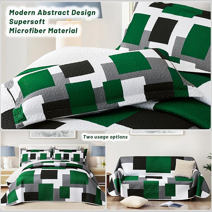 3 Piece Green Quilt Set California King Size Black Grey White Geometric Reversible Bedding Set Microfiber Lightweight Bedspread Coverlet with 2 Shams Modern Bed Cover for All Season, 118''x106''