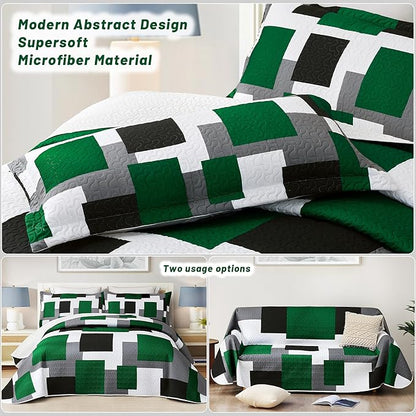 3 Piece Green Quilt Set King Size Christmas Green Black Geometric Reversible Bedding Set Microfiber Lightweight Bedspread Coverlet with 2 Shams Modern Bed Cover for All Season, 106''x96''