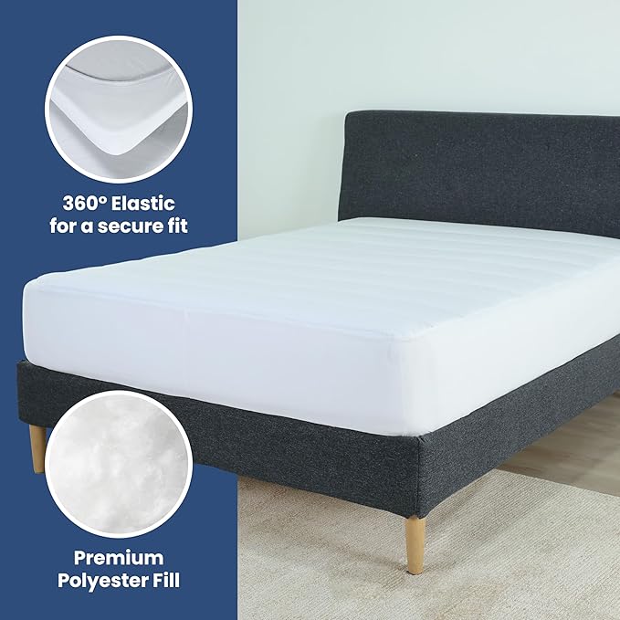 Martex Quilted Mattress Pad, Soft Breathable Polyester-Cotton Blend Fabric, Premium Polyester Fill Mattress Topper Pad, Deep Pocket Elastic Fit up to 18”, All-Season Comfort, Machine Washable, Full