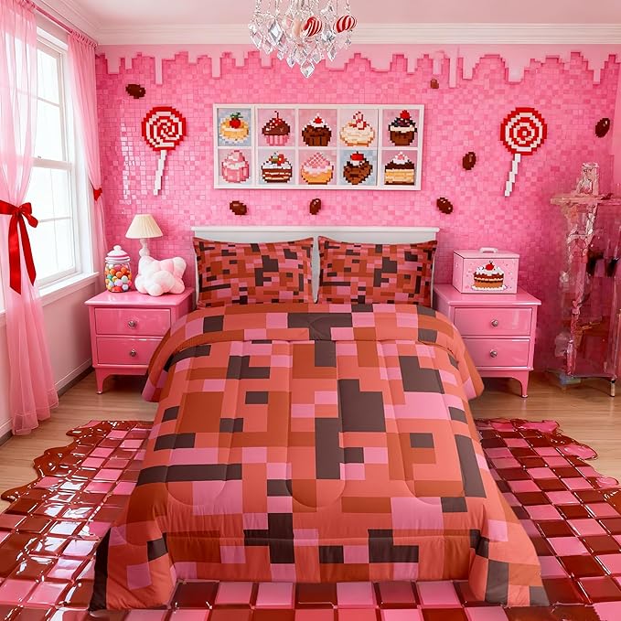 Pixelated Miners Game Kids Comforter Set Queen Size,Camo Geometric Check Bedding Set,Boys Room Decor,Reversible Gamepad Video Games Quilt Comforter,Red Brown Duvet Set Bedroom Quilt Set,2 Pillowcases