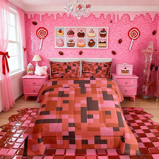 Pixelated Miners Game Kids Comforter Set Queen Size,Camo Geometric Check Bedding Set,Boys Room Decor,Reversible Gamepad Video Games Quilt Comforter,Red Brown Duvet Set Bedroom Quilt Set,2 Pillowcases