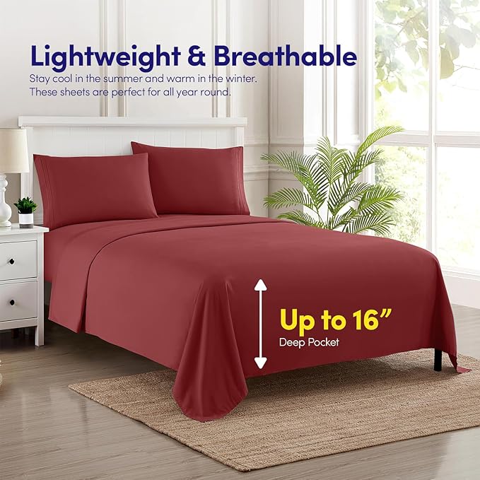 1500 Supreme Collection Queen Sheet Sets Burgundy - Luxury Hotel Bed Sheets and Pillowcase Set for Queen Mattress - Extra Soft, Elastic Corner Straps, Deep Pocket Sheets, Queen Burgundy
