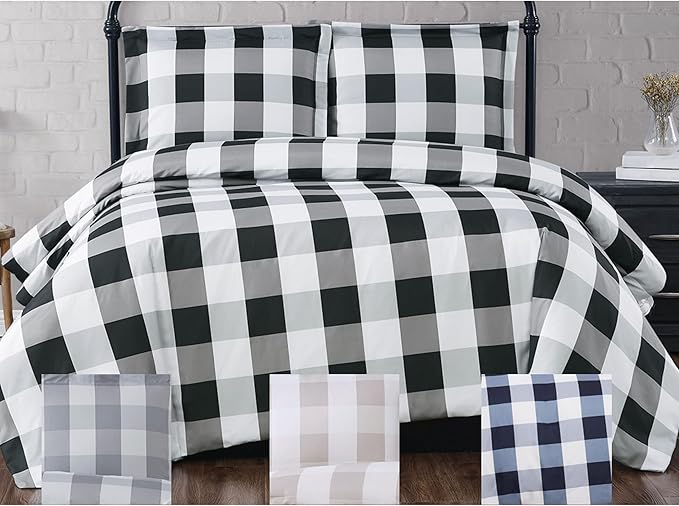 TRULY SOFT Everyday Buffalo Plaid Khaki Polyester 3-Piece King Comforter Set, Plaid Themed, for Men and Women, Oeko-TEX Certified Confidence