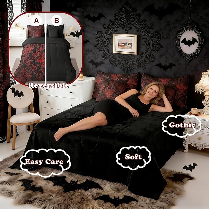 Erosebridal Gothic Damask Bed in a Bag Queen Comforter Set 7 Piece,Exotic Moth Bedding Sets Red Black Victorian Floral Goth Sheet Set with Comforter