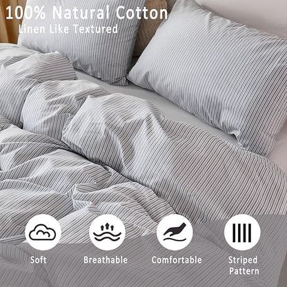 Merryword Striped Duvet Cover Set King Size - 100% Cotton Duvet Cover Set with Zipper Closure & 8 Corner Ties, Blue Pinstripe Bedding Set 3 Pieces, Soft Linen Like Bedding Set for All Seasons