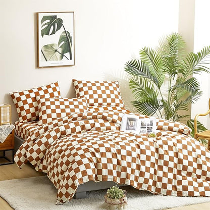 CLOTHKNOW Brown Plaid Full Size Comforter Set 3Pcs Grid Bedding Comforter Sets Soft Checker Comforter with 2 x Pillow Cases Soft Lightweight