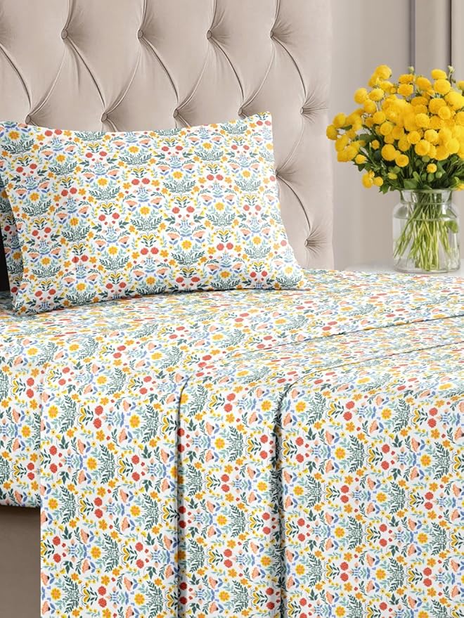 Floral Sheets - Flower Print Bed Sheet Set - 1 Flat, 1 Fitted & 1 Pillowcase w/ Deep Pockets - Comfy, Cozy, Wrinkle & Fade Free - Boho Botanical Bedding - Soft, Breathable & Cooling - Twin XL Size Set