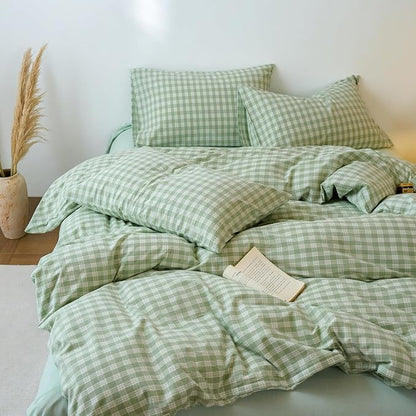 Green Gingham King Size Duvet Cover Set Washed Cotton Boho Comforter Cover King Size Soft Cute Farmhouse Plaid Duvet Cover Set with Hidden Zipper Chic Teen Bedding Set Checkered Duvet Protector
