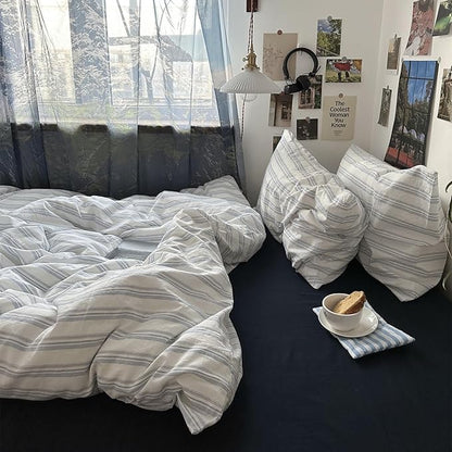 VM VOUGEMARKET Queen Comforter Set Washed Cotton Vertical Demin Blue and White Striped Bedding Set Lightweight & Breathable for All Seasons (1 Comforter and 2 Pillowcase)