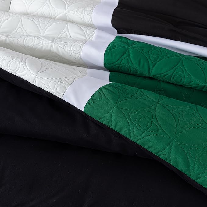 Chezmoi Collection Upland 7-Piece Quilted Patchwork Comforter Set, Green/Black/Cream White, Queen
