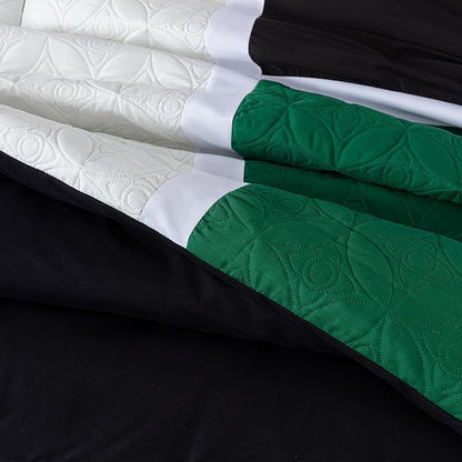 Chezmoi Collection Upland 7-Piece Quilted Patchwork Comforter Set, Green/Black/Cream White, Oversized King