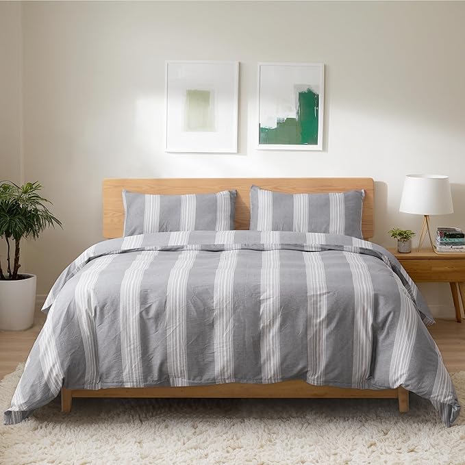 TOCOMOA Striped Duvet Cover Set 100% Natural Cotton Soft Comfy Breathable 3 Piece Light Grey and White Pattern Printed Comforter Cover Bedding Set (Queen 90"x90", Comforter Not Included)