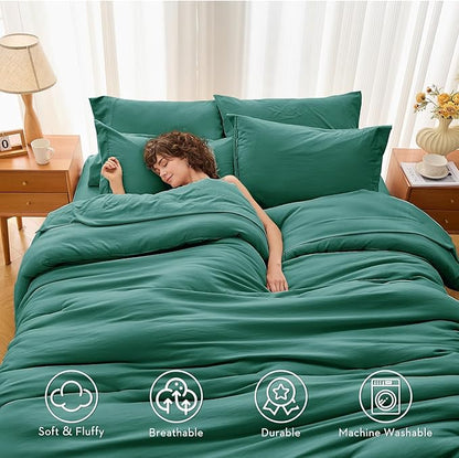 MUXHOMO 7 Pieces California King Comforter Set, Soft Bed in a Bag Cal King Size, All Season Bedding Set with Comforter, Flat Sheet, Fitted Sheet, Pillowcases & Shams, Emerald Green