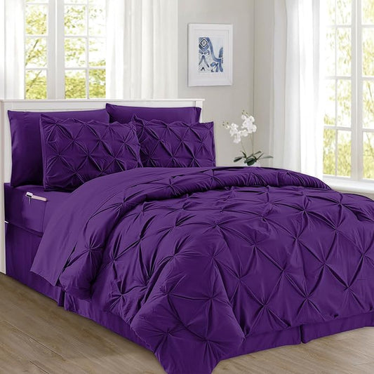 Elegant Comfort 8-Piece Pinch Pleated Comforter Set - All Season Complete Bed in a Bag, Includes 4pc Smart Sheet Set, Bed Skirt, Comforter, Matching Pillowcases and Shams, Full/Queen, Purple