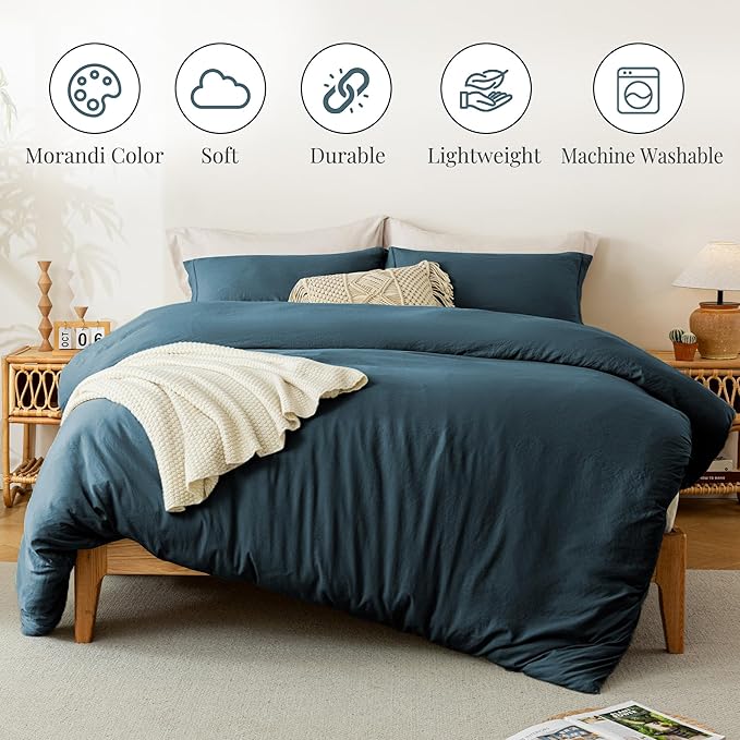 MILDLY Super Soft Duvet Cover - 100% Washed Microfiber Peacock Blue Comforter Cover Set 3 Pieces with Zipper Closure & Corner Ties (No Comforter)