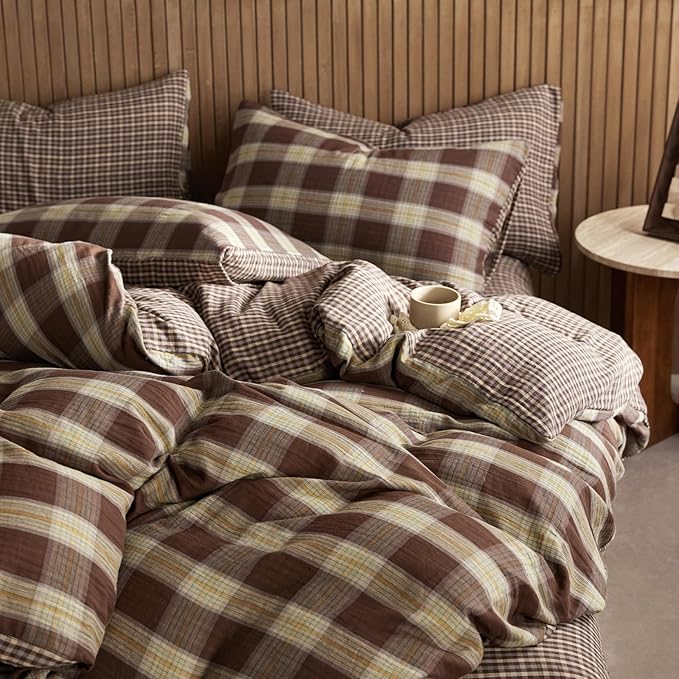 EAVD Vintage Yellow&Brown Plaid Duvet Cover King Soft 100% Muslin Cotton Retro Grid Checkered Plaid Bedding Set with 2 Pillowcases Farmhouse Reversible Gingham Duvet Cover with Zipper Closure