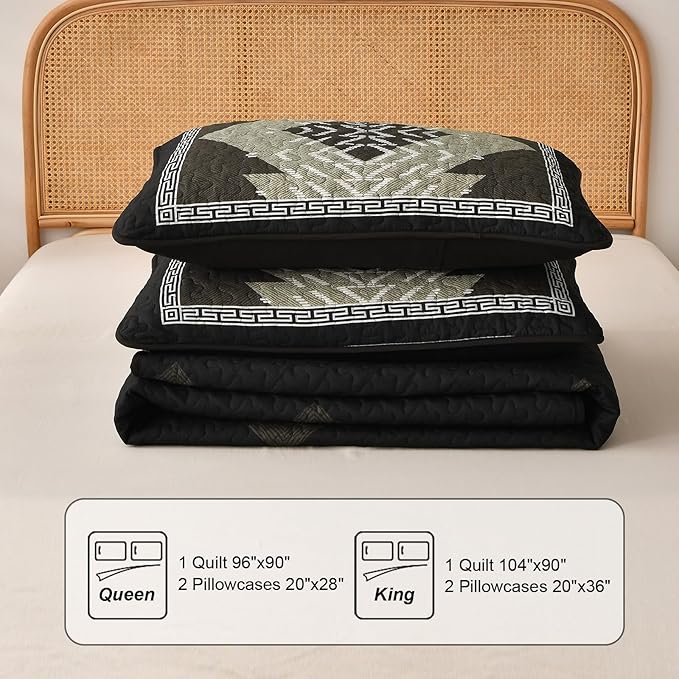 Dintszyayue Boho Quilt Set King Size, Black Aztec Texture Bedspread Set, 3 Pieces Texture Southwestern Bedding Set, Soft Lightweight Coverlet Set for All Season Bedding with 2 Pillowcases