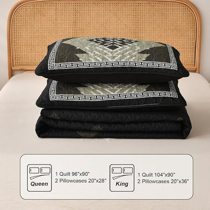 Dintszyayue Boho Quilt Set King Size, Black Aztec Texture Bedspread Set, 3 Pieces Texture Southwestern Bedding Set, Soft Lightweight Coverlet Set for All Season Bedding with 2 Pillowcases