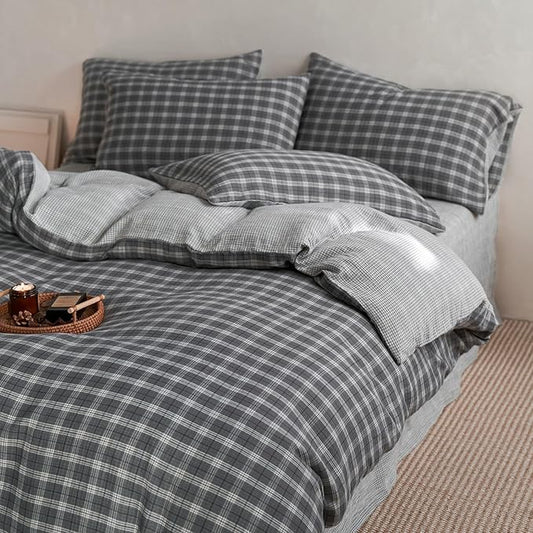 EAVD Vintage Style Grey Plaid Gingham Duvet Cover Twin Soft 100% Cotton Muslin Grey Grid Checkered Bedding Set with 2 Pillowcases Reversible Plaid Duvet Cover with Zipper Closure