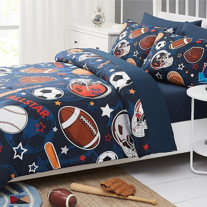 Full Kids Comforter Set - 7 Pieces Full Bedding Sets for Boys Teen, Glow in The Dark Sports Ball Games Bed in A Bag with Sheets