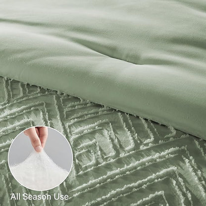 Zzlpp King Comforter Set 7 Pieces, Sage Green Tufted Bed in a Bag with Comforter and Sheets, All Season Boho Bedding Sets with 1 Comforter, 2 Pillow Shams, 2 Pillowcases, 1 Flat Sheet, 1 Fitted Sheet