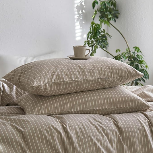 MooMee Bedding Pillowcases Striped Pack of 2 100% Washed Cotton Linen Like Textured Breathable Durable Soft Comfy (Tannish Linen Grey White Wide Stripes, King)