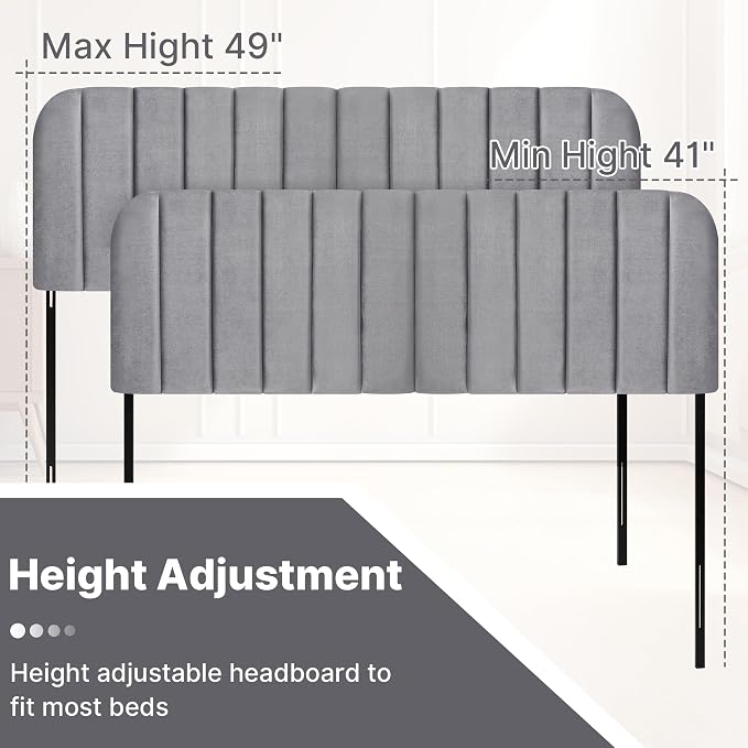 Queen Headboard Only - Upholstered Headboard for Bed, Easy Assembly, Velvet Covered Sponge, Place Between Bed & Wall, Adjustable Metal Legs with Non-Slip Pads, Grey