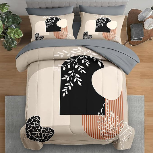 Comforter Set Queen Size, Boho Summer Vintage 7 Pcs Bedding for Kids and Adults, Bohemian Sun Earth Geometric Bed Sheet Sets with Fitted Sheet 2 Pillowcase & 2 Sham for Bedroom Bed Decor